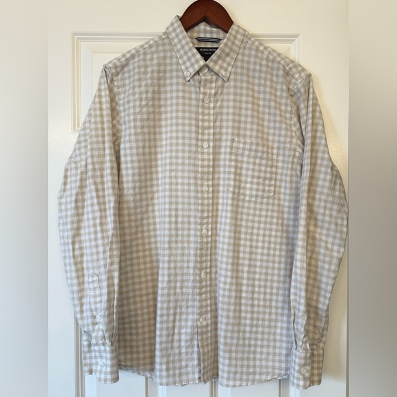 Nordstrom Men’s Button Down Linen Blend Dress Shirt Tan White Size Large Trim - Picture 1 of 7